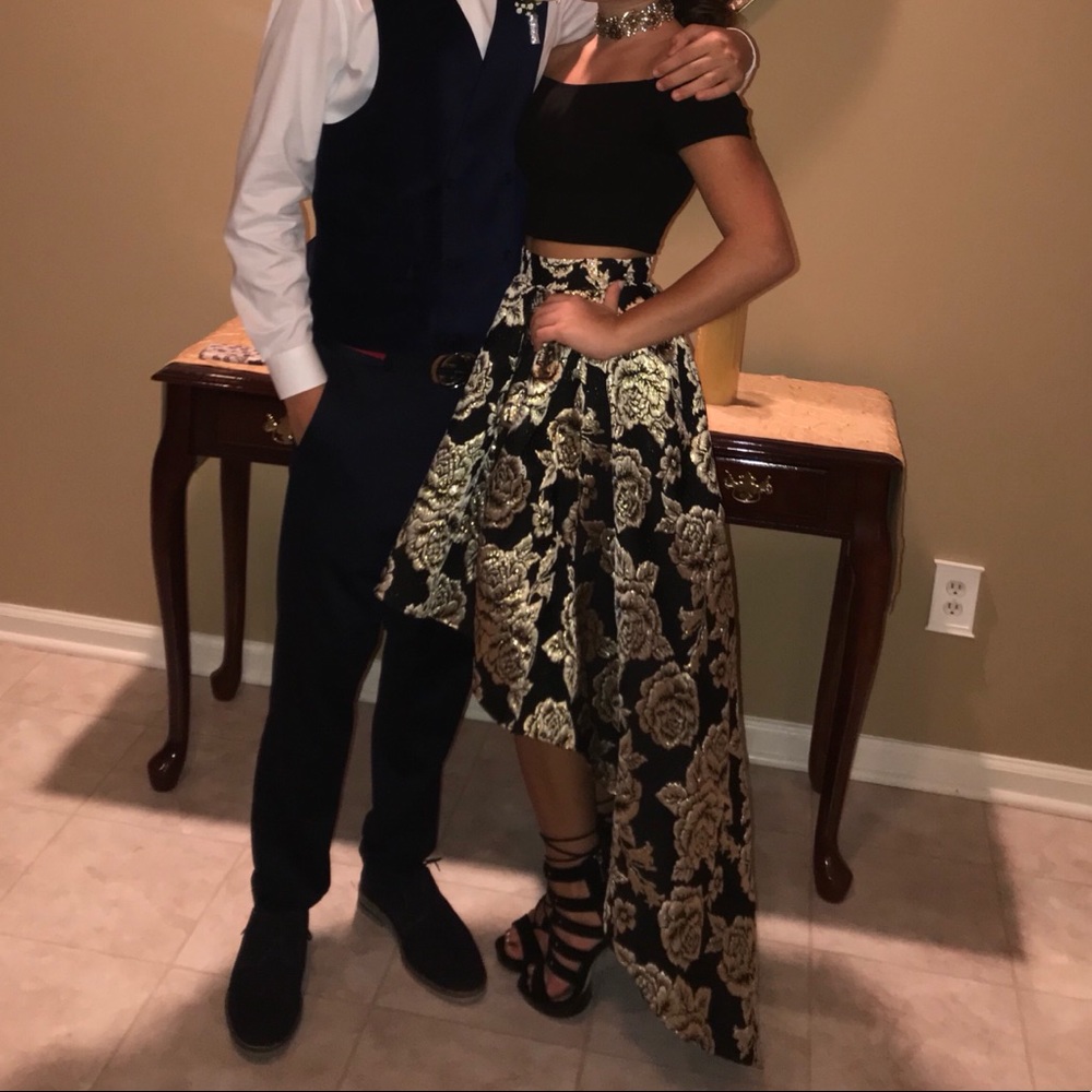 A two piece, off shoulder dance dress